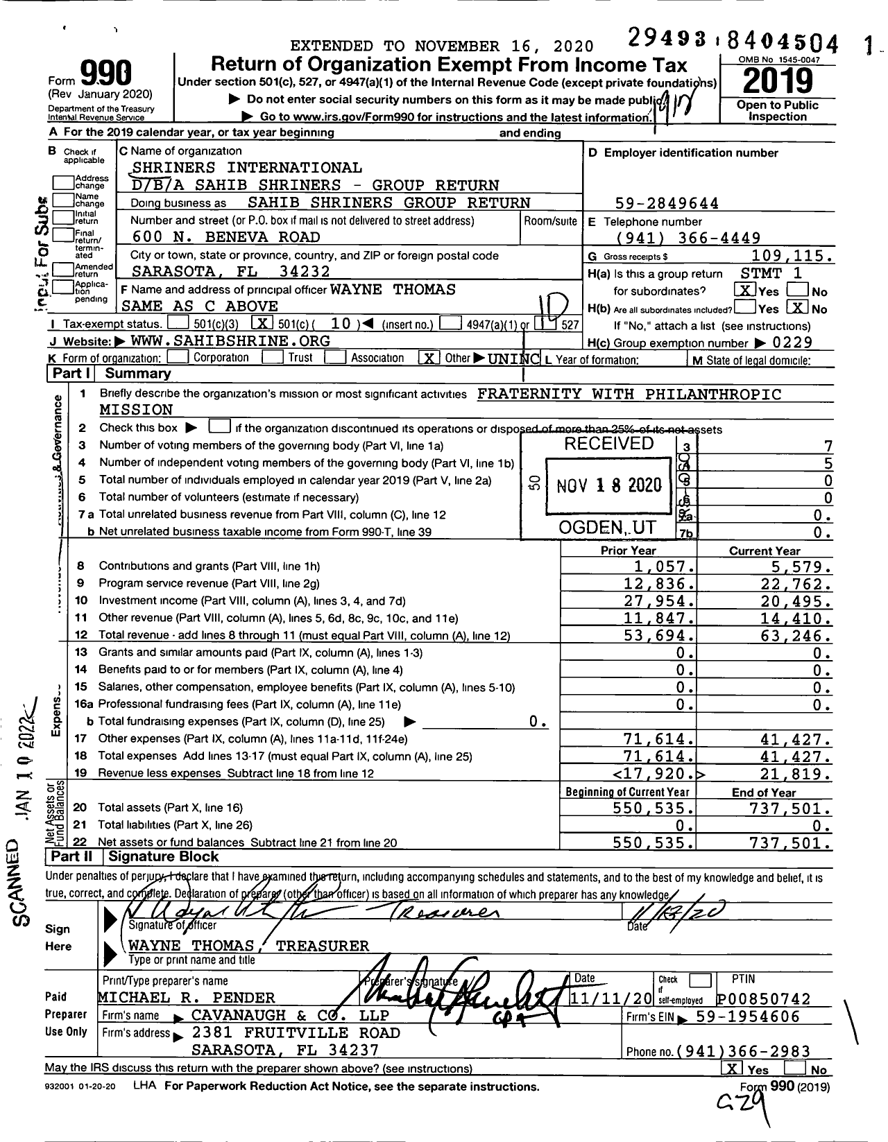 Image of first page of 2019 Form 990O for Shriners International - Sahib Shriners Group Return