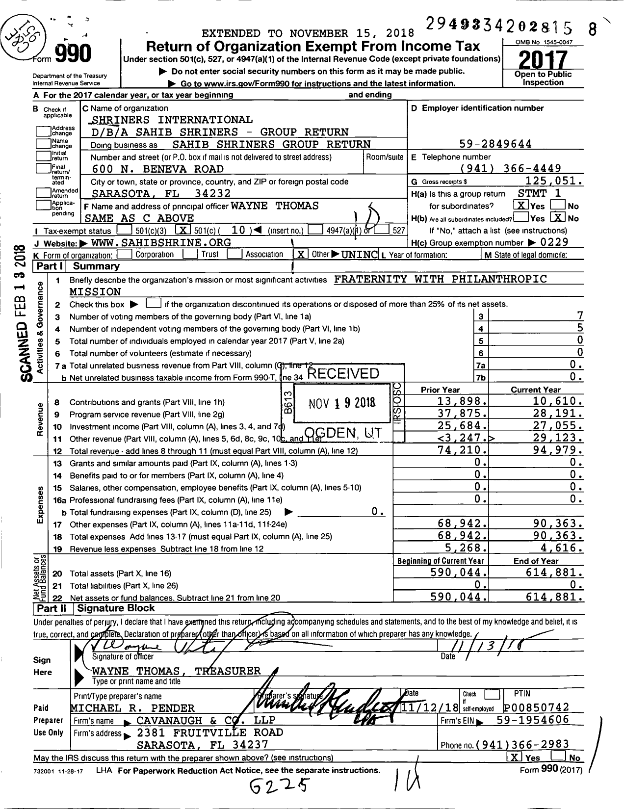 Image of first page of 2017 Form 990O for Shriners International - Sahib Shriners Group Return