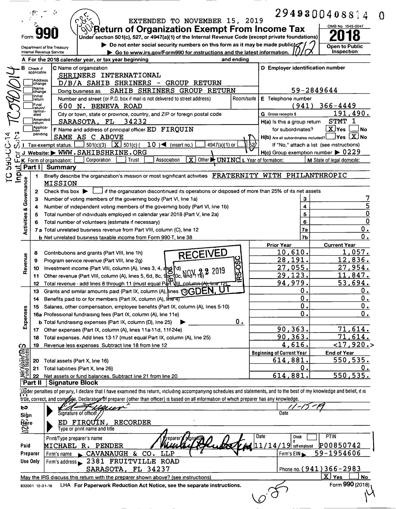 Image of first page of 2018 Form 990O for Shriners International - Sahib Shriners Group Return