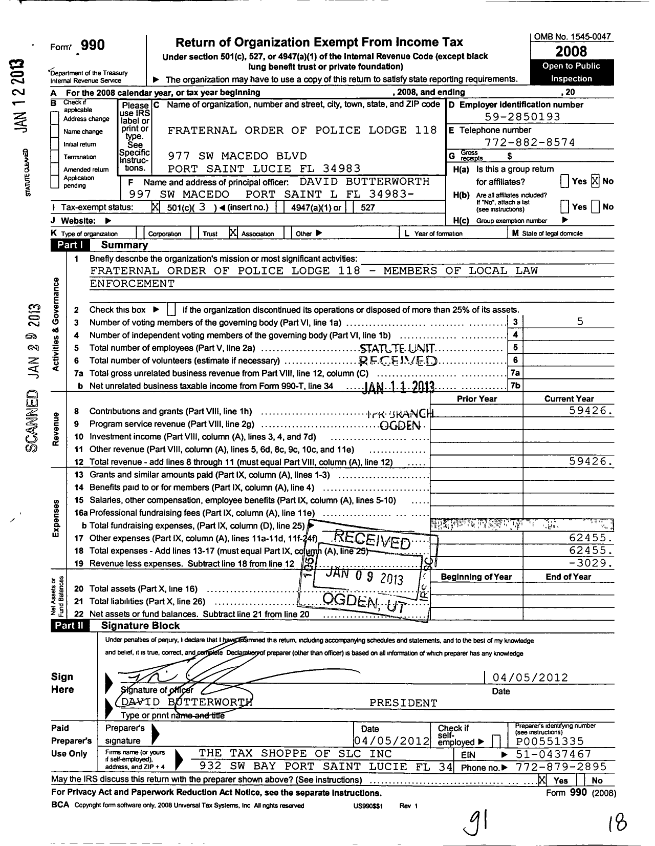 Image of first page of 2008 Form 990 for Fraternal Order of Police Lodge 118