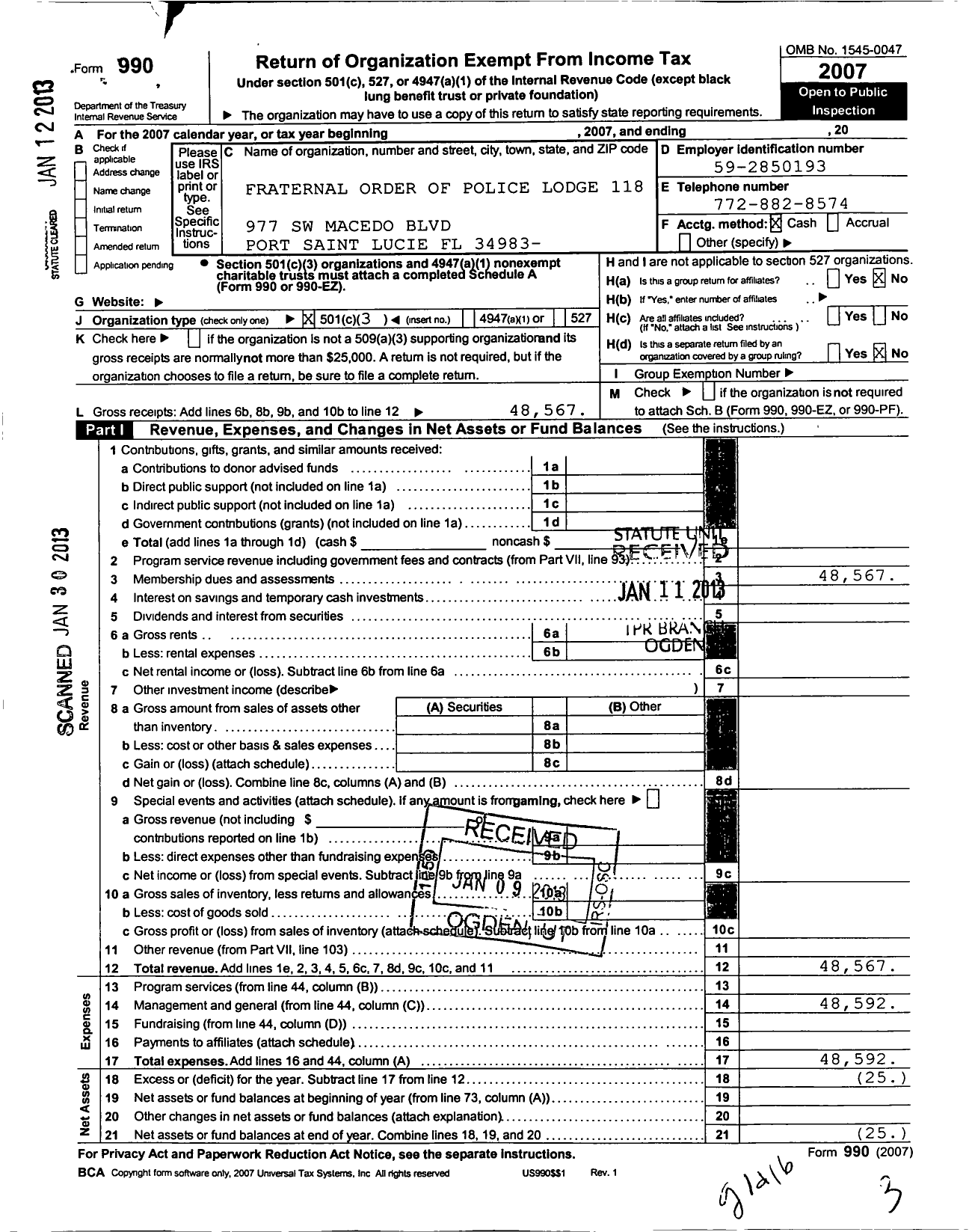 Image of first page of 2007 Form 990 for Fraternal Order of Police Lodge 118