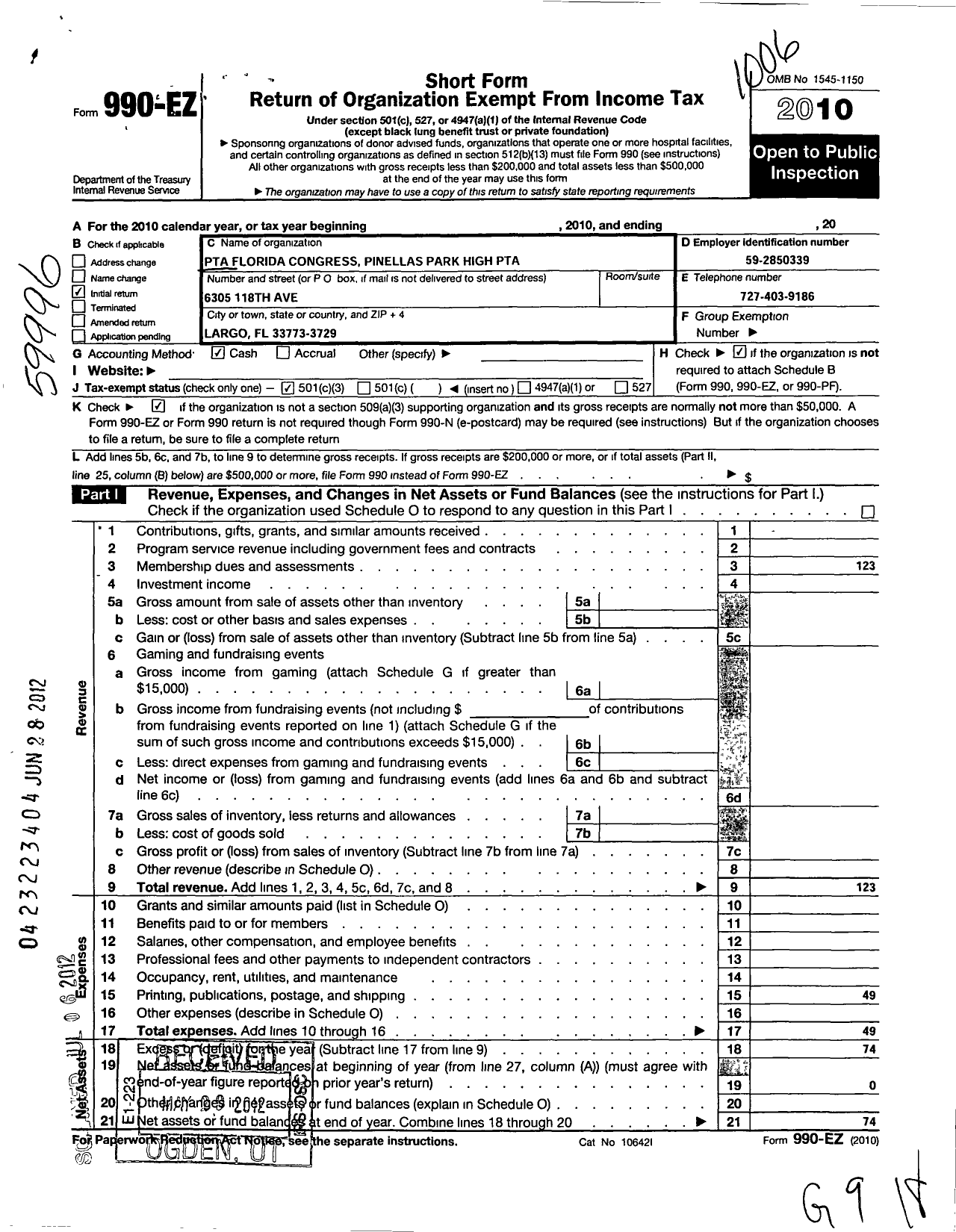 Image of first page of 2009 Form 990EZ for PTA Florida Congress - Pinellas Park High PTA