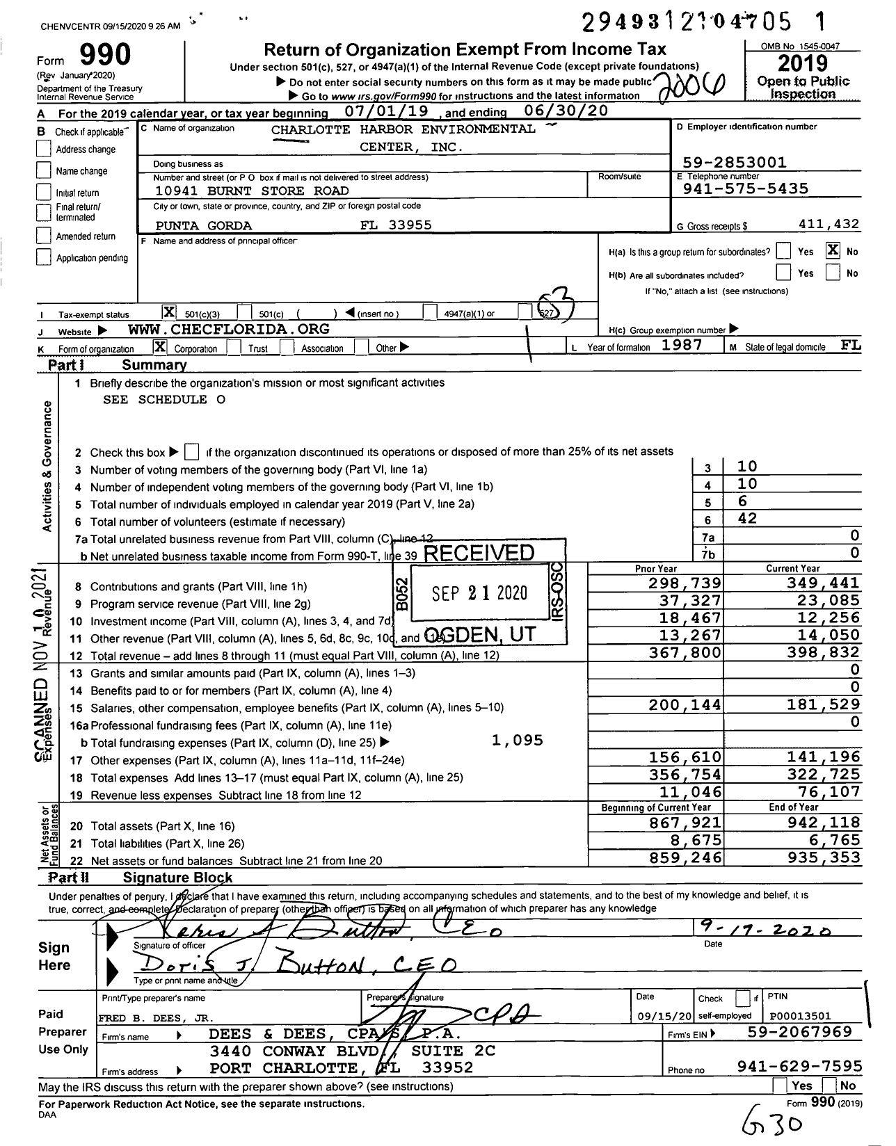 Image of first page of 2019 Form 990 for Charlotte Harbor Environmental Center
