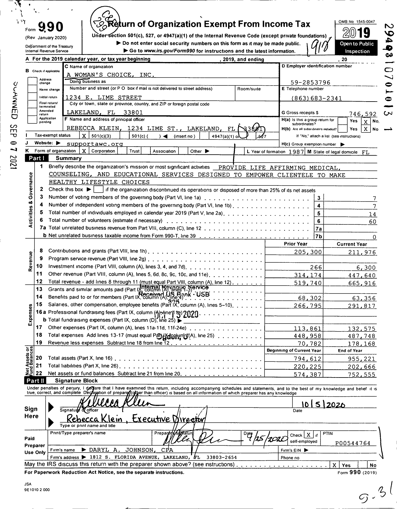 Image of first page of 2019 Form 990 for A Woman's Choice