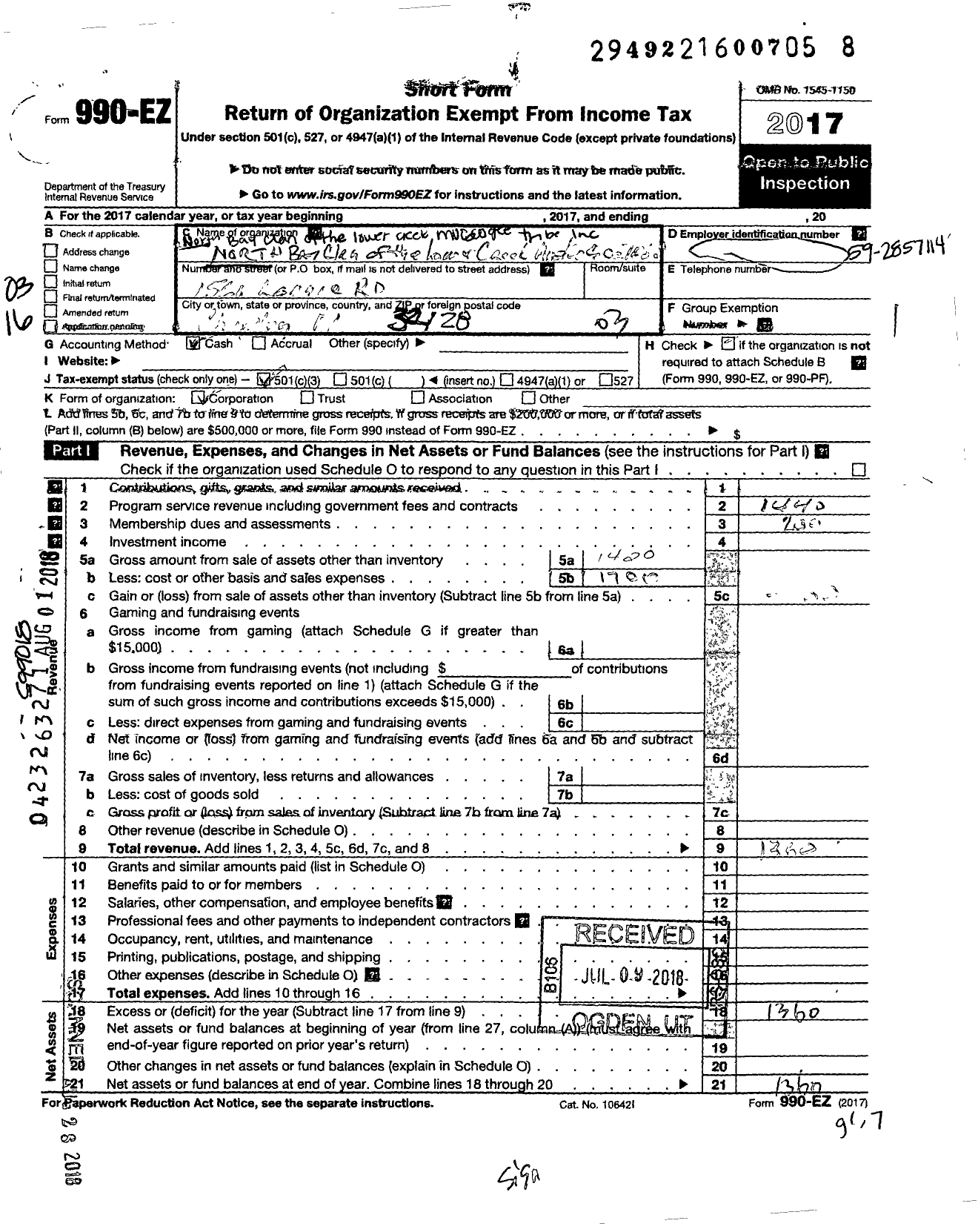 Image of first page of 2017 Form 990EZ for North Bay Clan of the Lower Creek