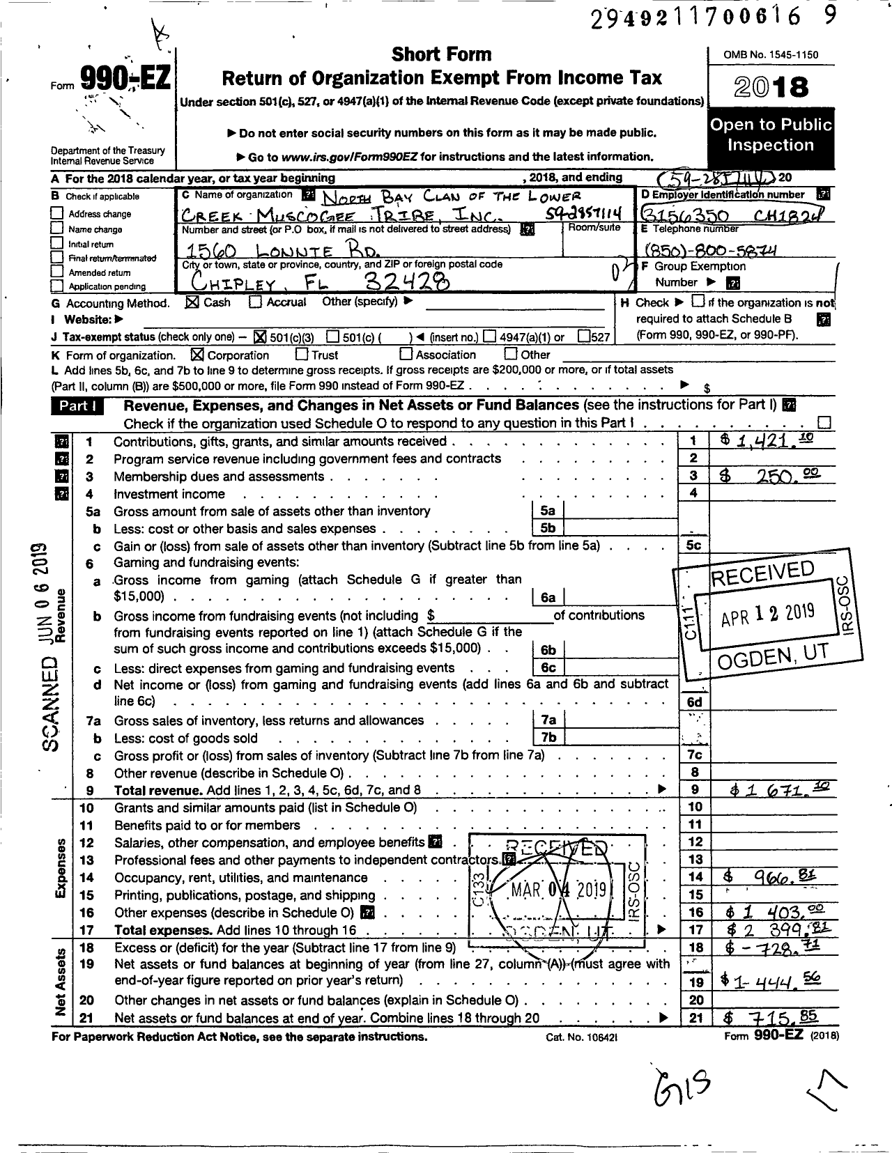 Image of first page of 2018 Form 990EZ for North Bay Clan of the Lower Creek