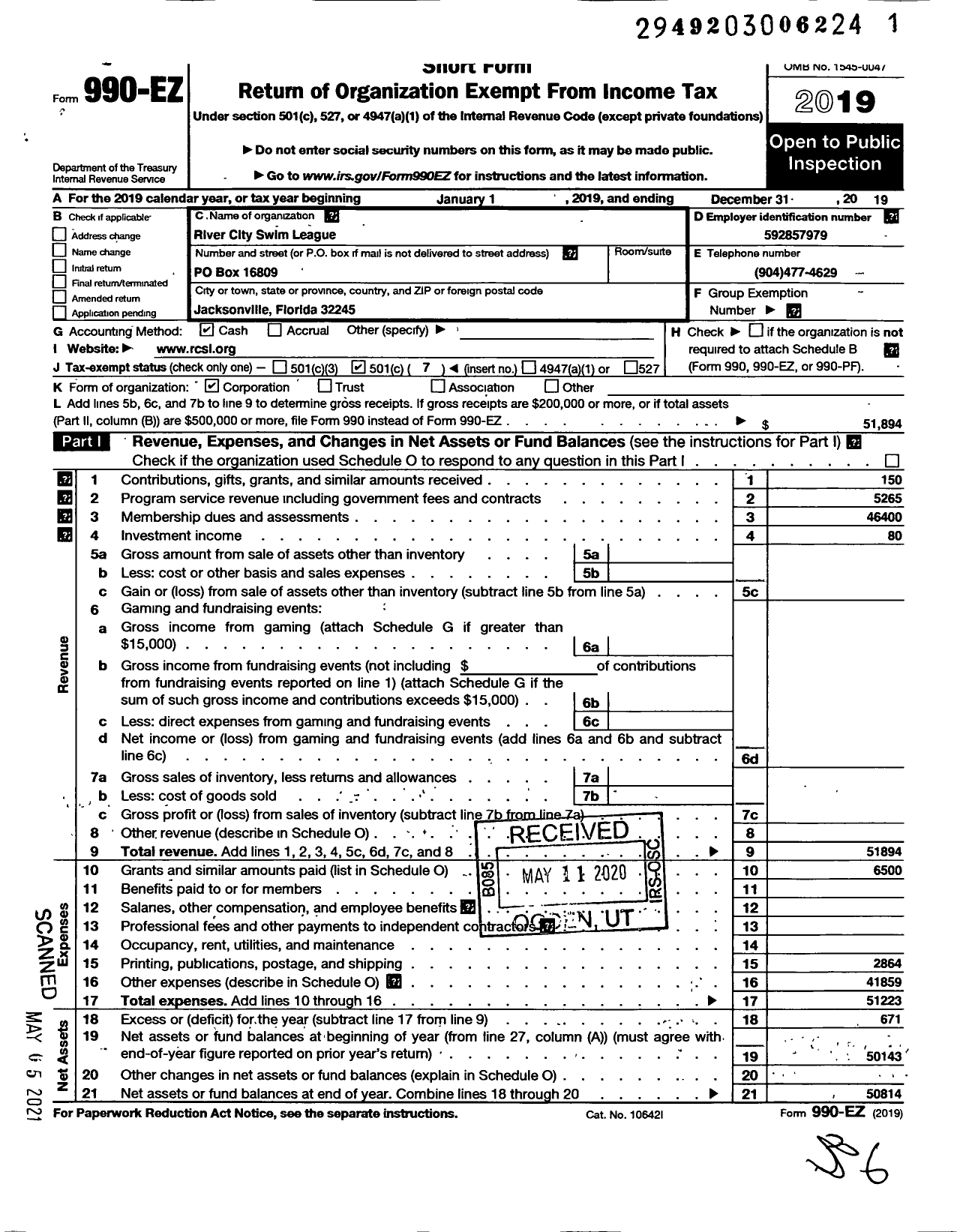 Image of first page of 2019 Form 990EO for River City Swim League (RCSL)