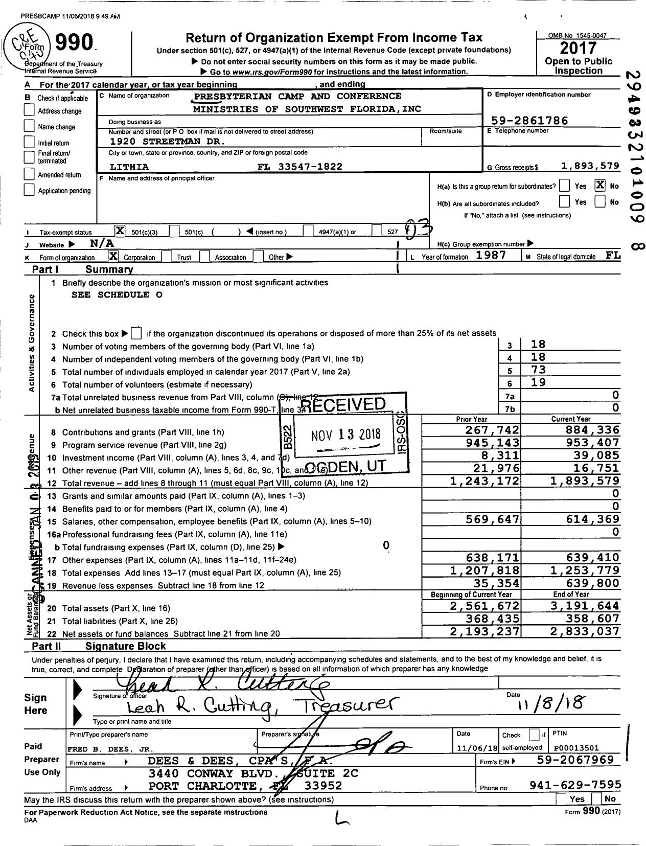 Image of first page of 2017 Form 990 for Presbyterian Camp and Conference Ministries of Southwest Florida