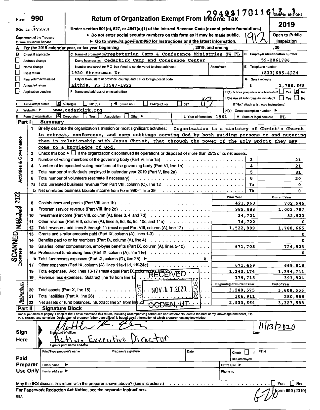 Image of first page of 2019 Form 990 for Presbyterian Camp and Conference Ministries of Southwest Florida