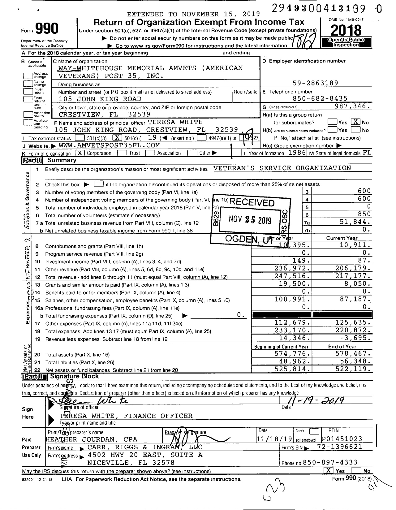 Image of first page of 2018 Form 990O for Way-Whitehouse Memorial Amvets Post 35