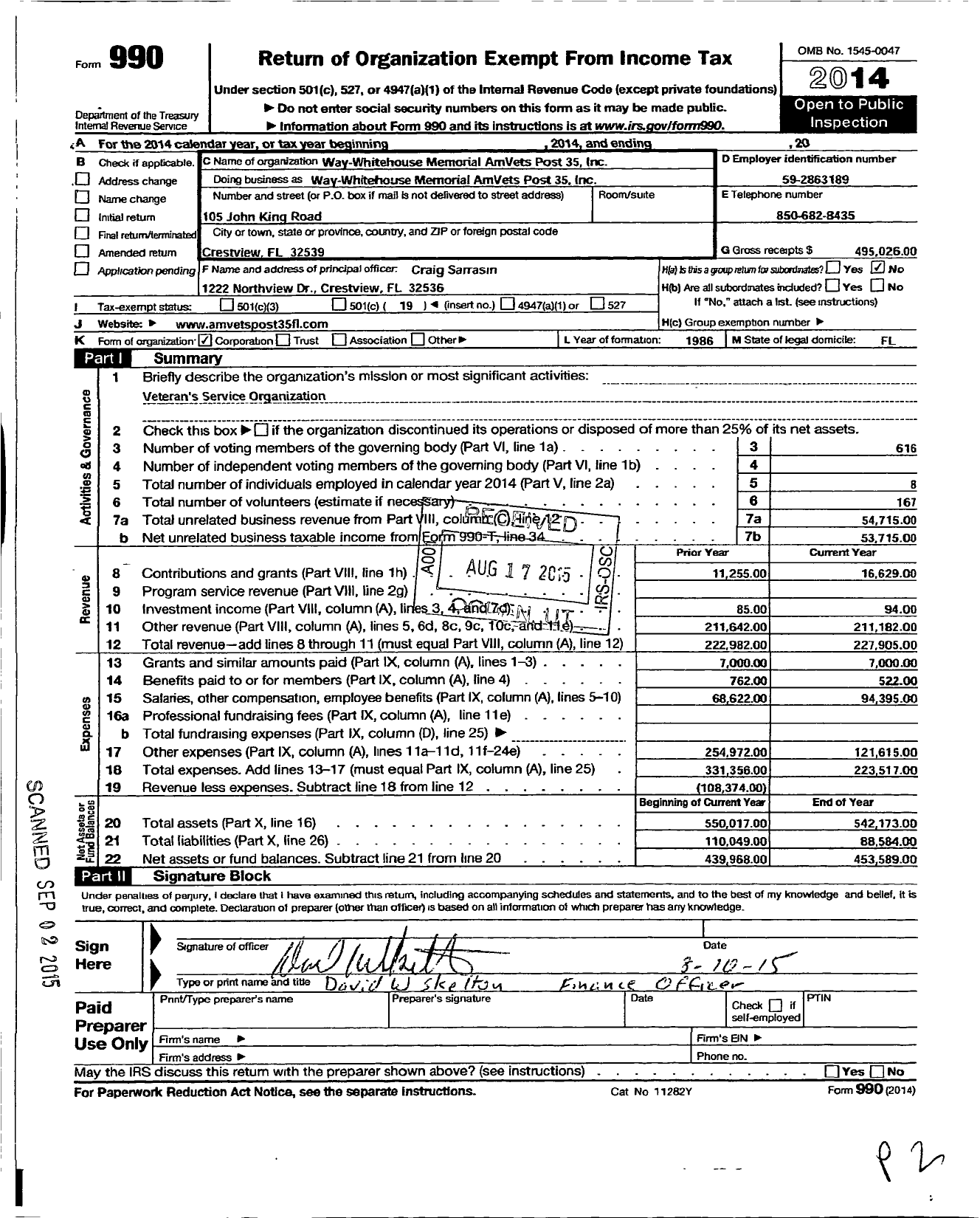 Image of first page of 2014 Form 990O for Way-Whitehouse Memorial Amvets Post 35