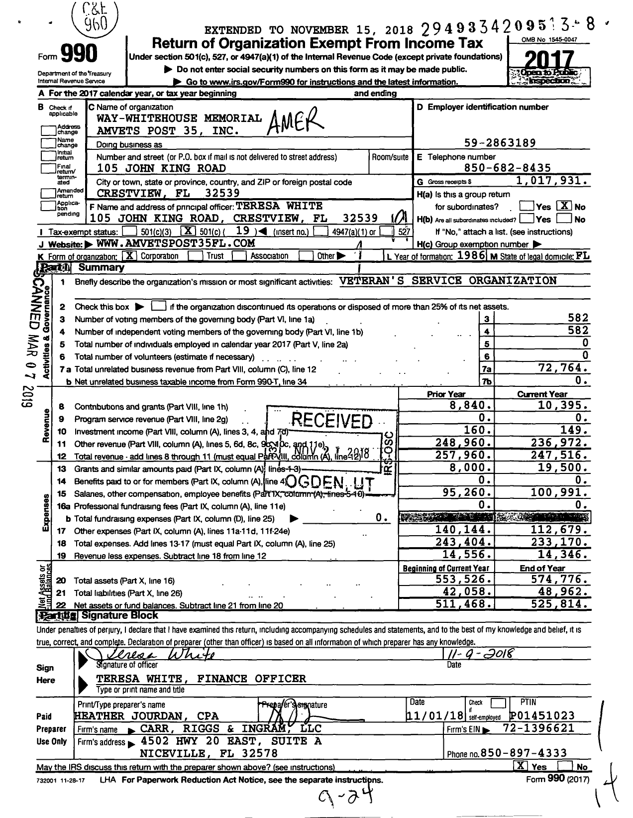 Image of first page of 2017 Form 990O for Way-Whitehouse Memorial Amvets Post 35