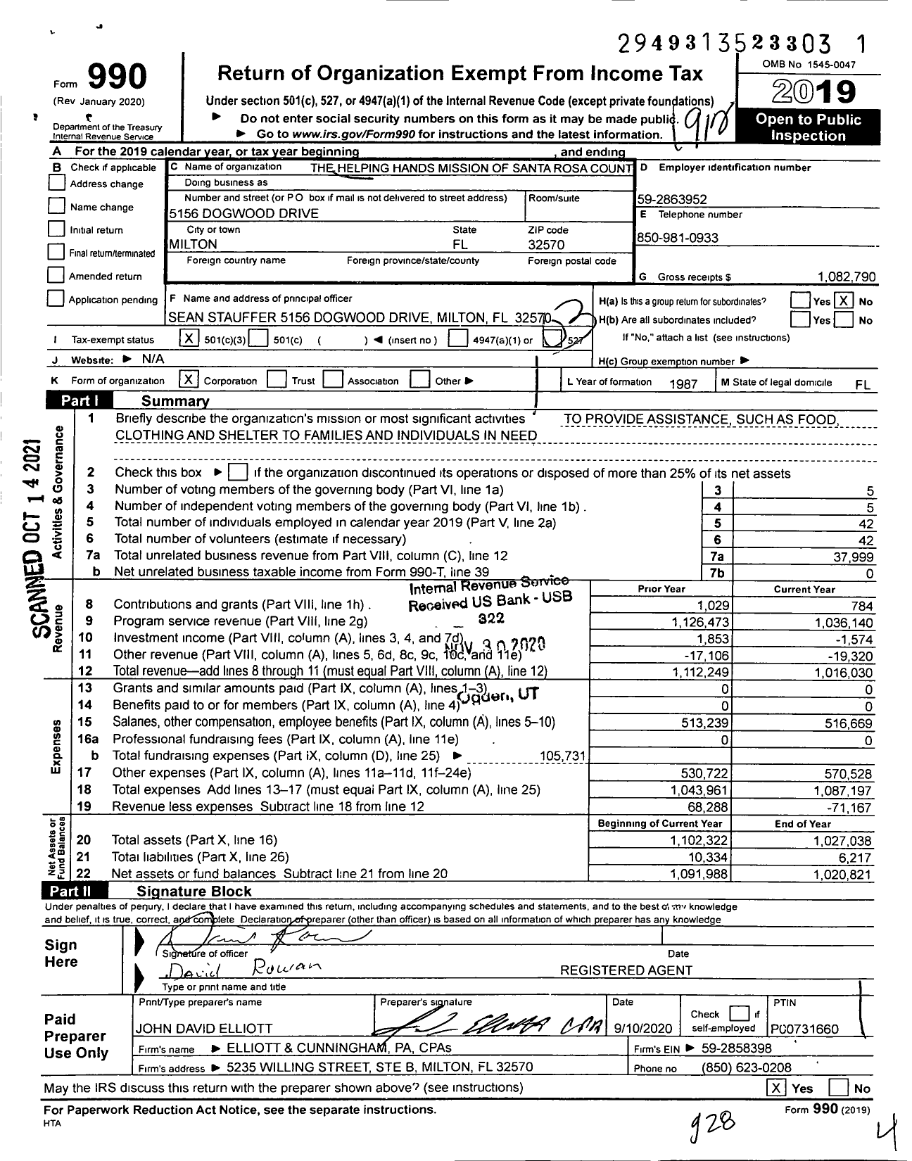 Image of first page of 2019 Form 990 for The Helping Hands Mission of Santa Rosa County