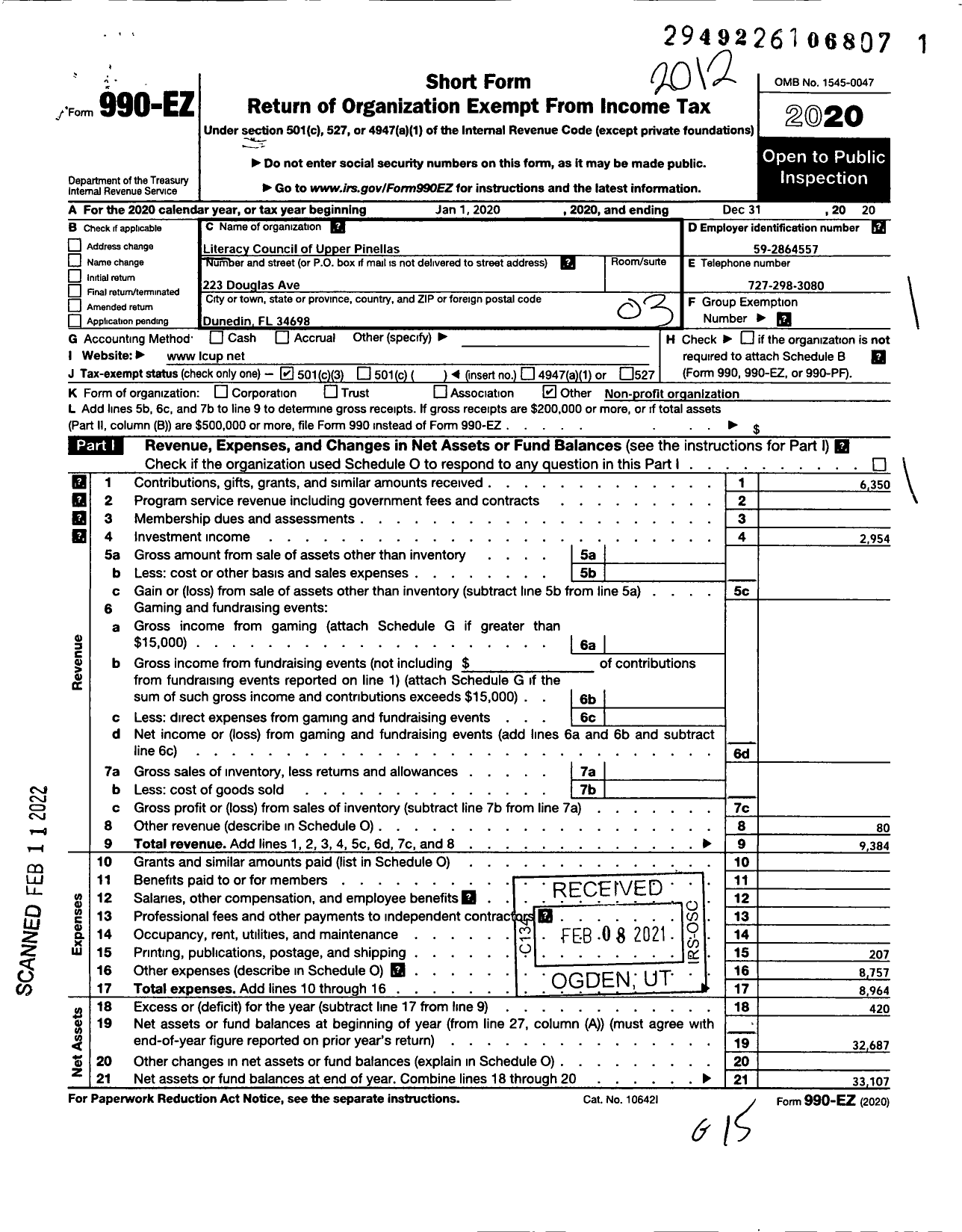 Image of first page of 2020 Form 990EZ for Literacy Council of Upper Pinellas