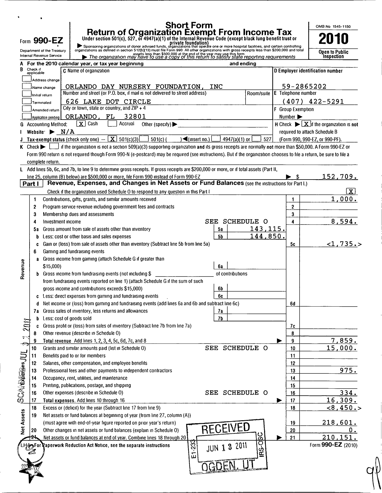 Image of first page of 2010 Form 990EZ for Orlando Day Nursery Foundation