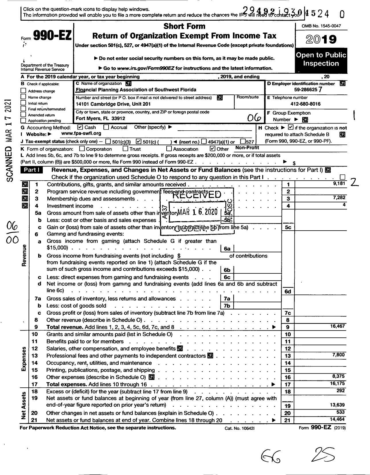 Image of first page of 2019 Form 990EO for FINANCIAL PLANNING ASSOCIATION of Southwest Florida