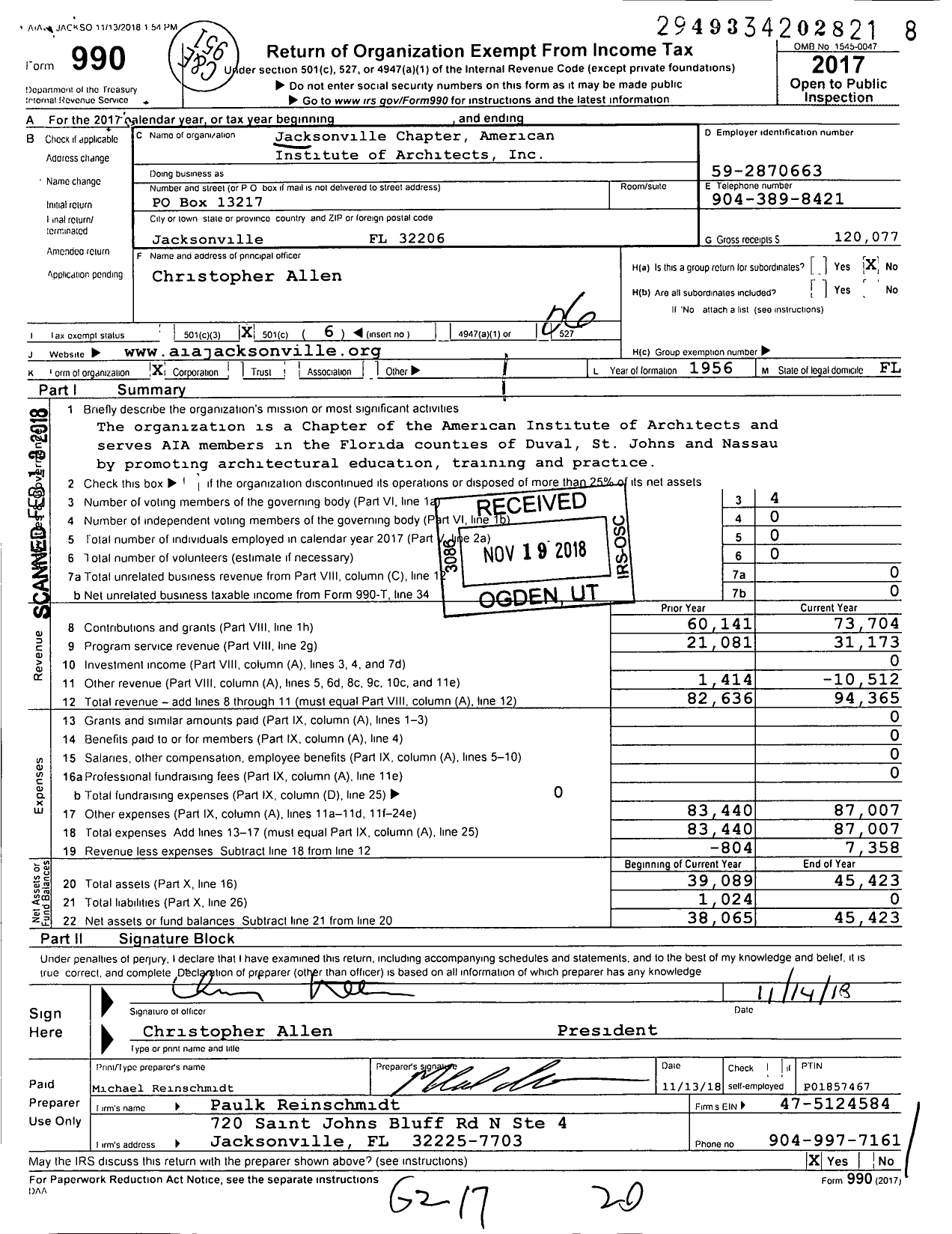 Image of first page of 2017 Form 990O for Jacksonville Chapter American Institute of Architects