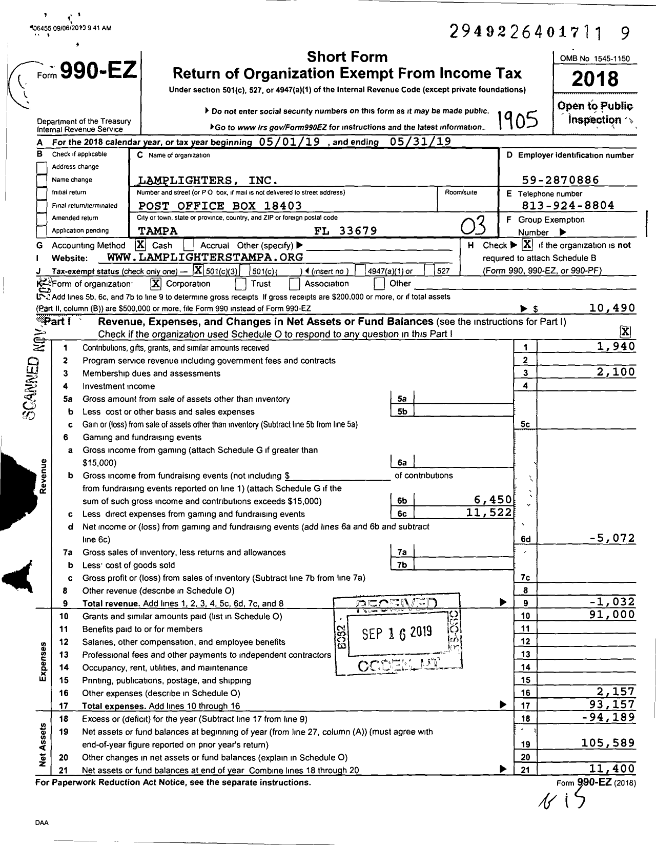 Image of first page of 2018 Form 990EZ for Lamplighters