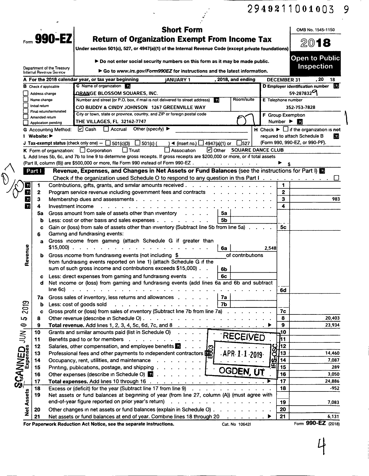 Image of first page of 2018 Form 990EO for Orange Blossom Squares