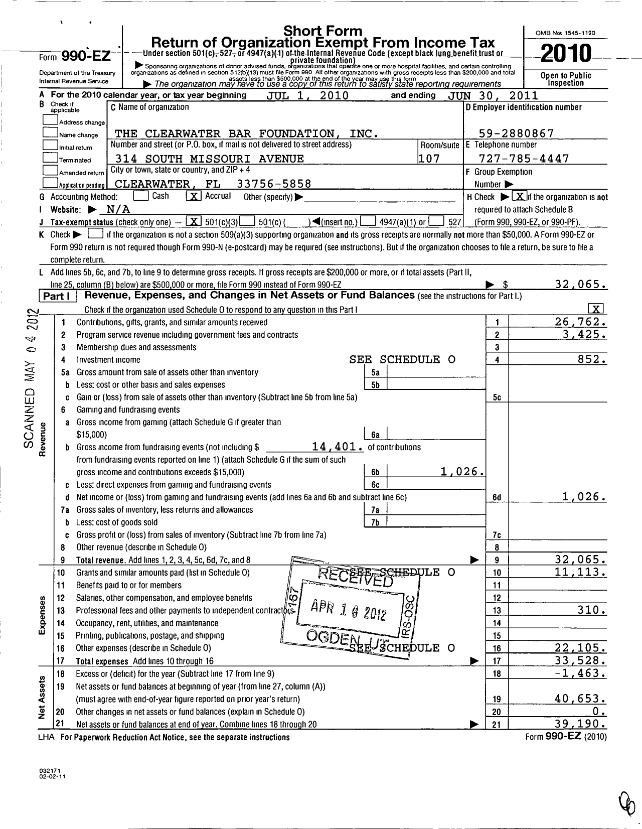 Image of first page of 2010 Form 990EZ for The Clearwater Bar Foundation