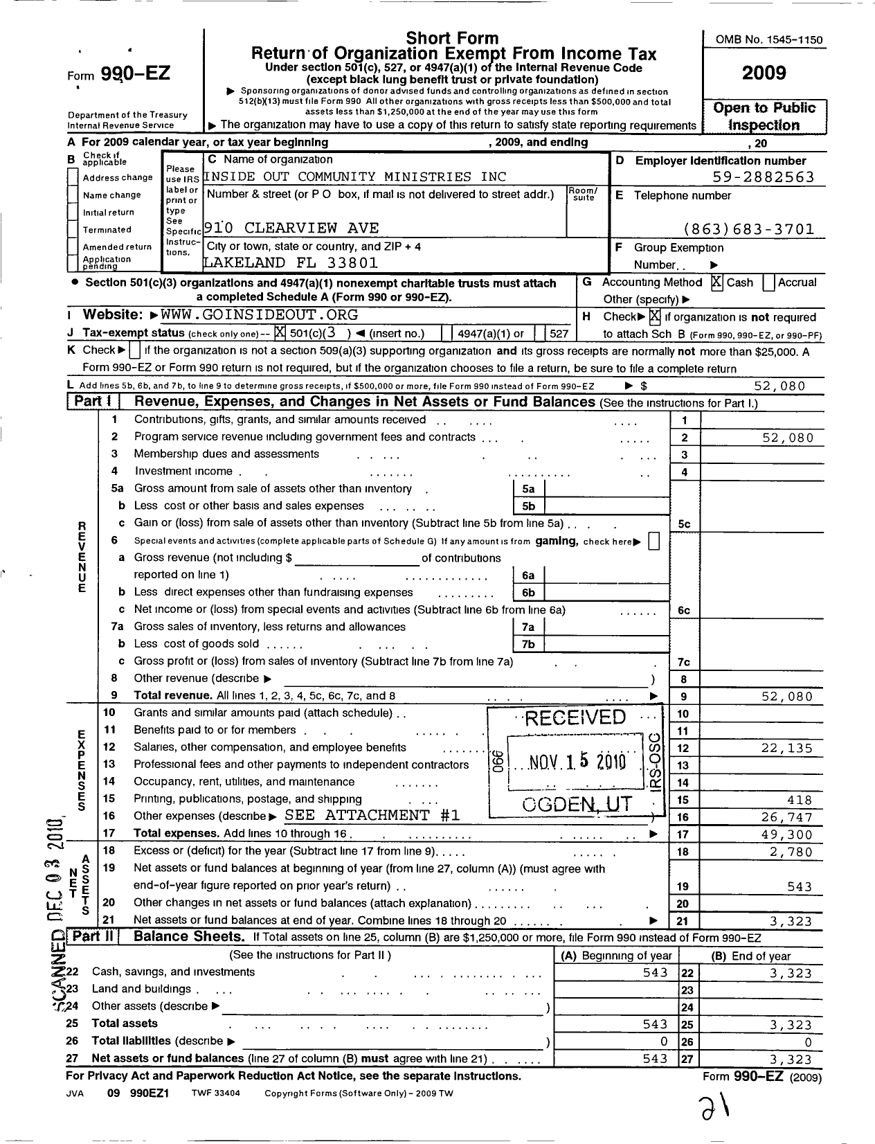 Image of first page of 2009 Form 990EZ for Insideout Community Ministries
