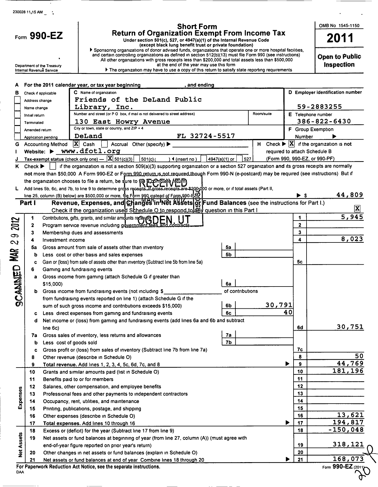 Image of first page of 2011 Form 990EZ for Friends of the Deland Public Library