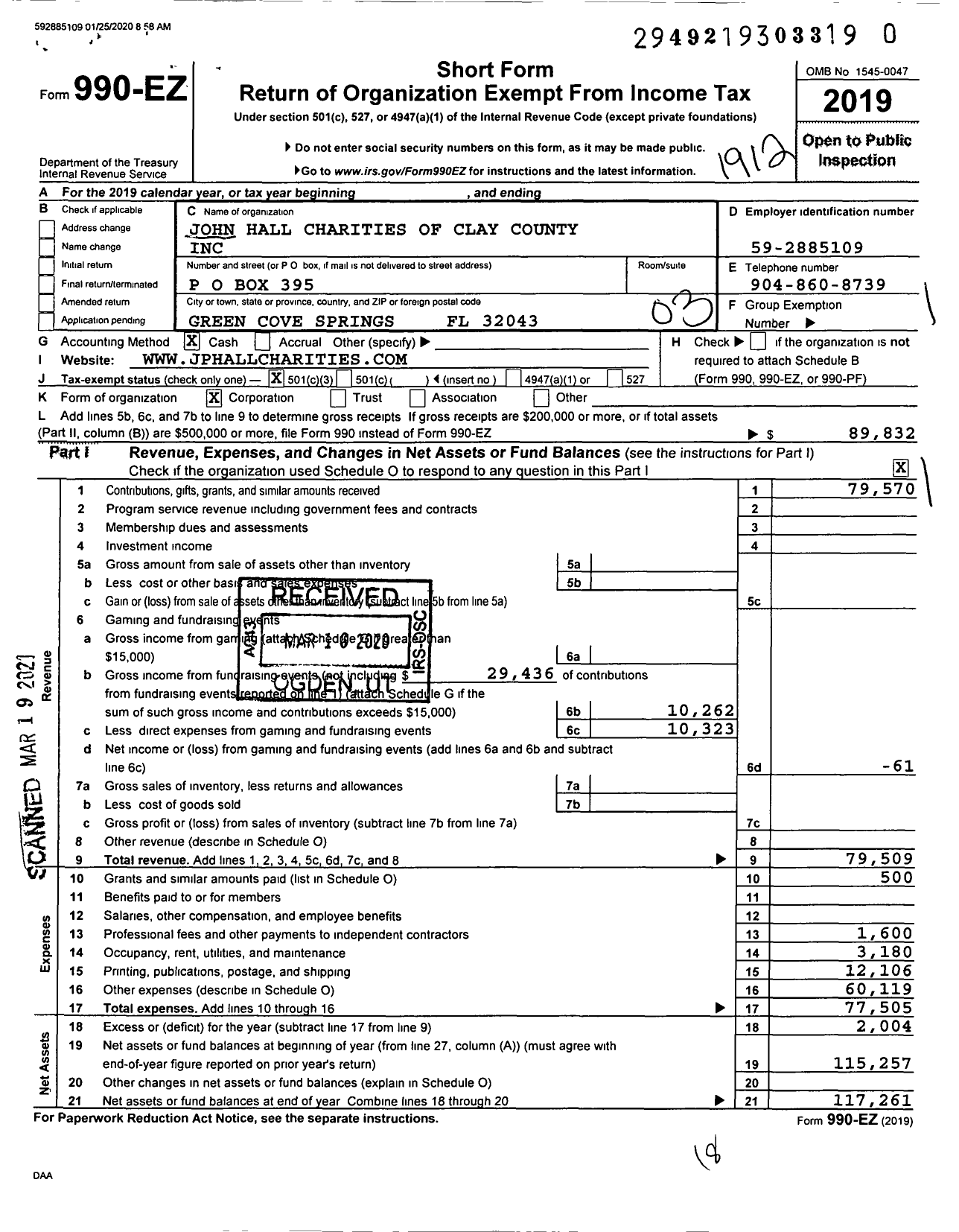 Image of first page of 2019 Form 990EZ for John Hall Charities of Clay County