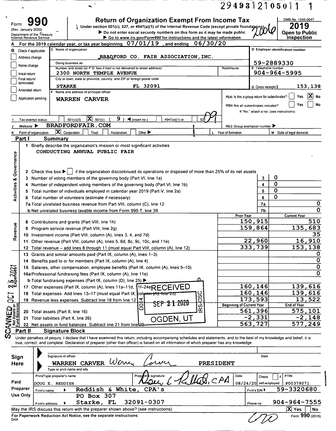 Image of first page of 2019 Form 990O for Bradford Fair Association