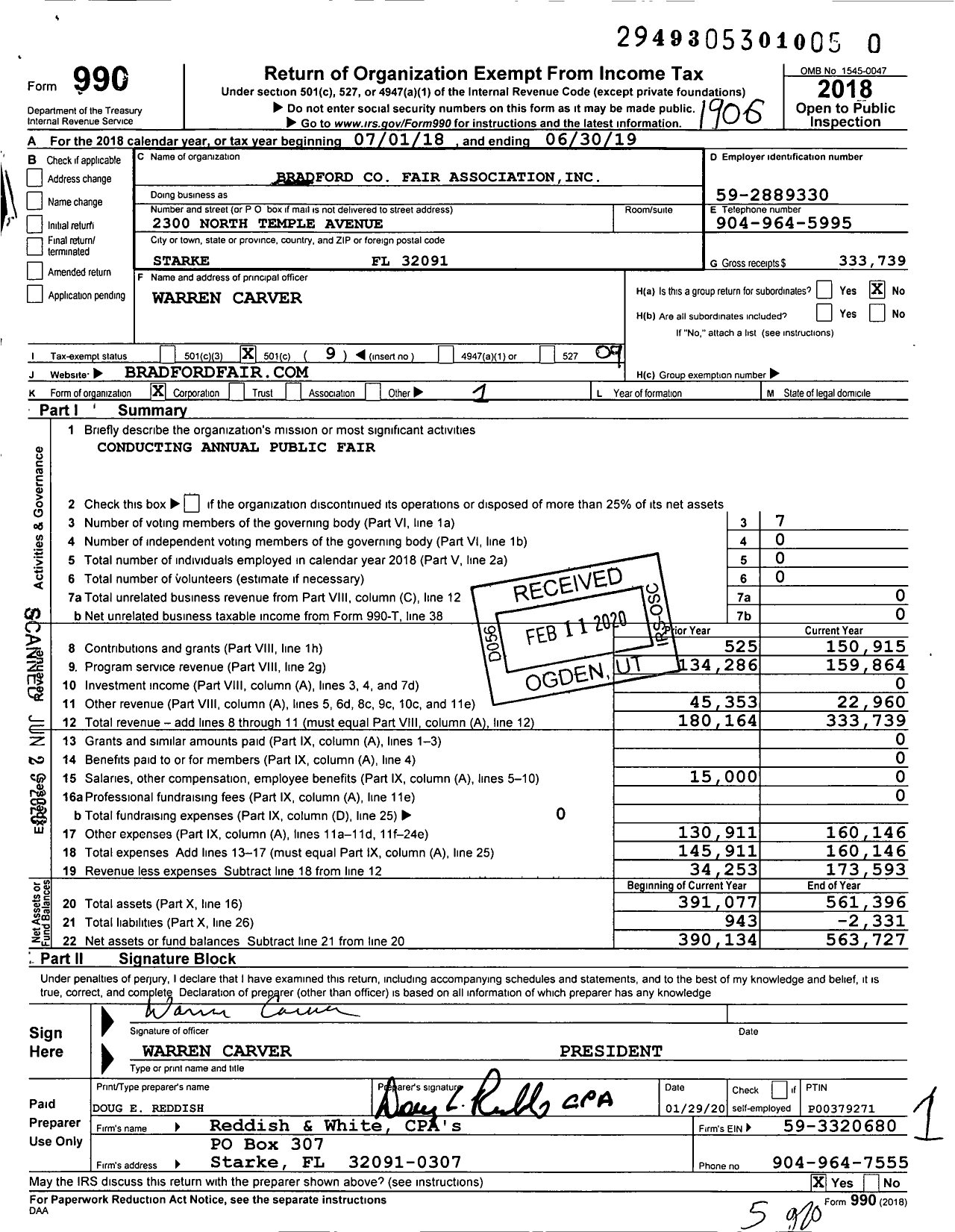 Image of first page of 2018 Form 990O for Bradford Fair Association