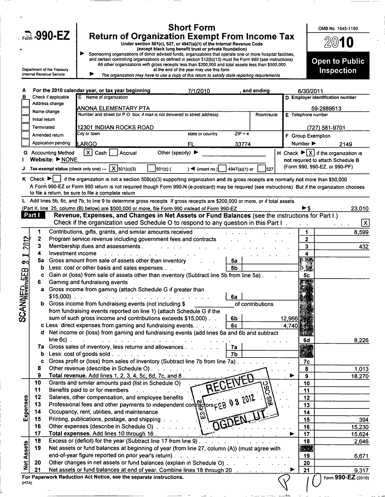 Image of first page of 2010 Form 990EZ for PTA Florida Congress - Anona Elem PTA