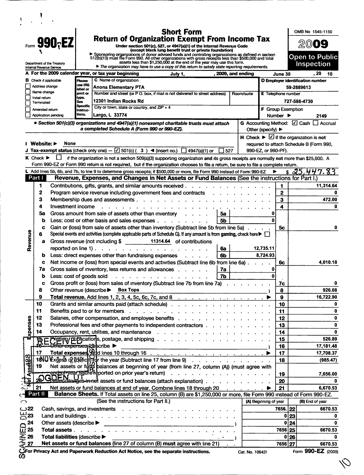 Image of first page of 2009 Form 990EZ for PTA Florida Congress - Anona Elem PTA