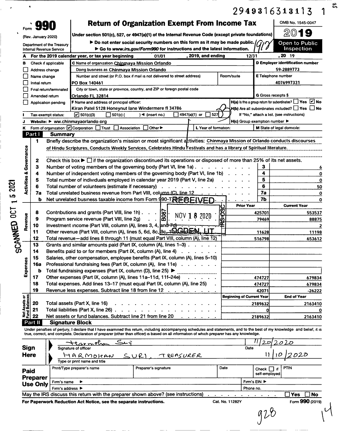 Image of first page of 2019 Form 990 for Chinmaya Mission Orlando