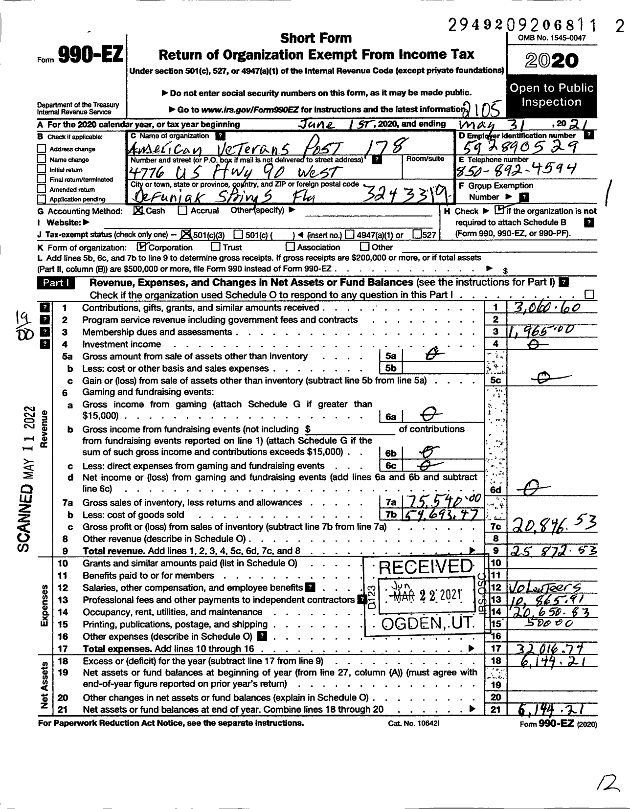 Image of first page of 2020 Form 990EO for AMVETS - American Veterans Post 178