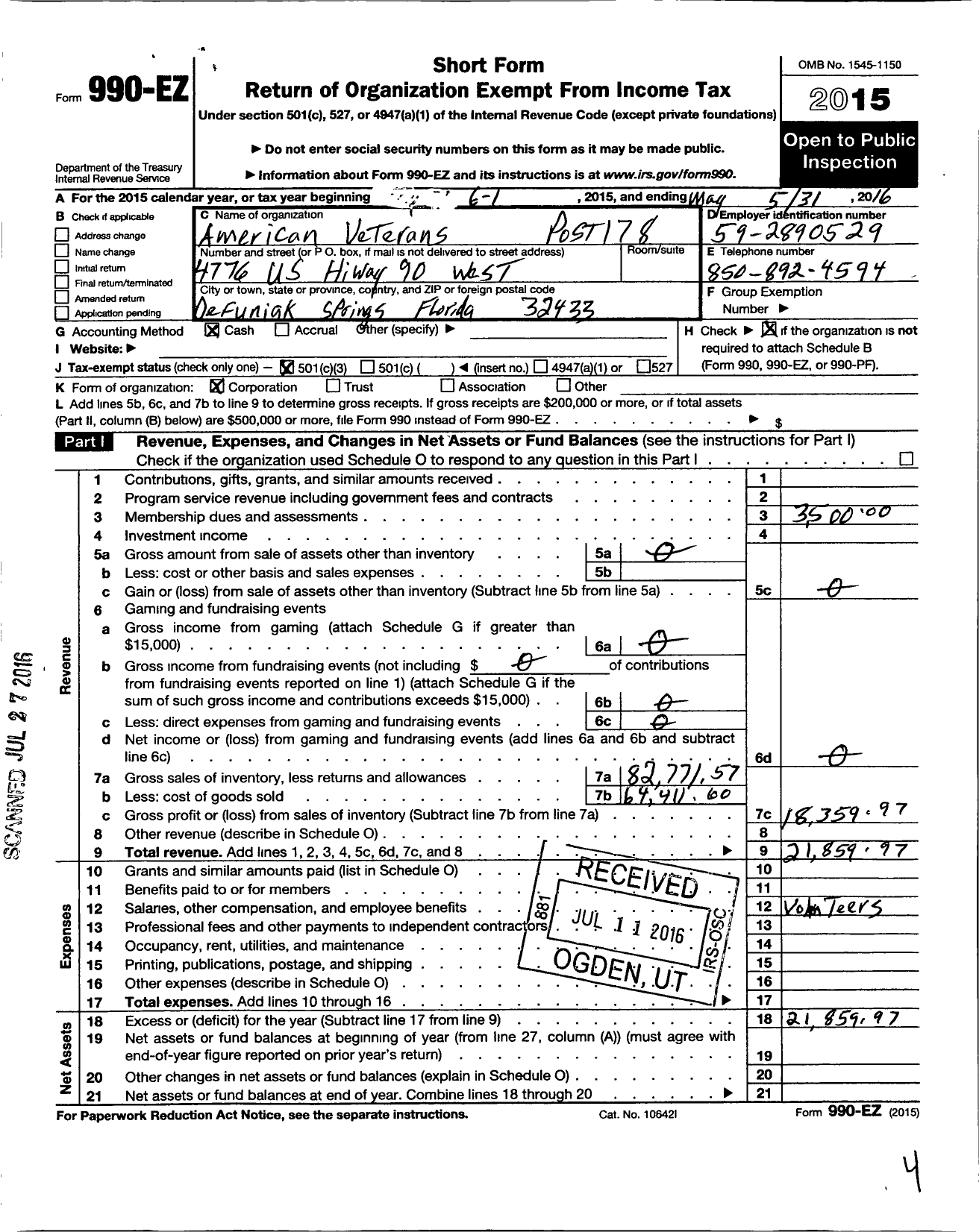 Image of first page of 2015 Form 990EZ for AMVETS - American Veterans Post 178