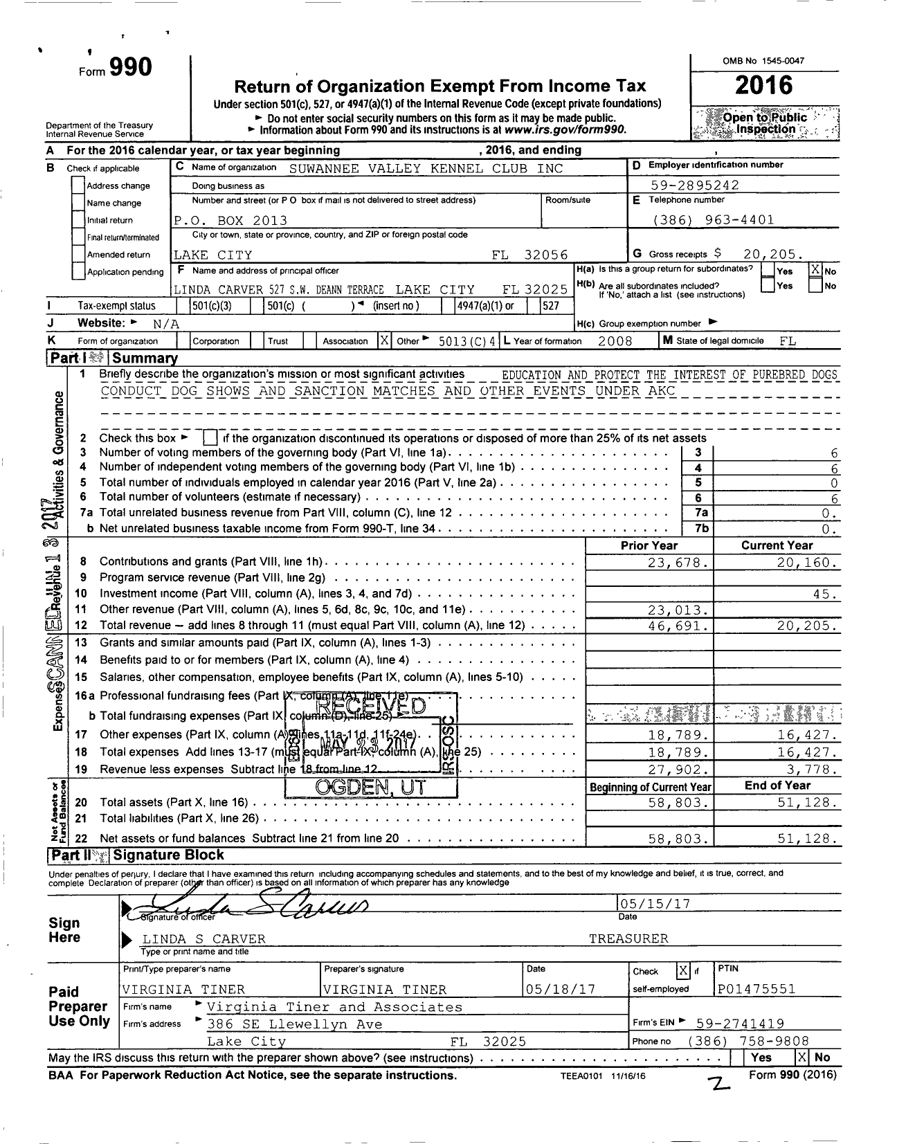 Image of first page of 2016 Form 990O for Suwannee Valley Kennel Club