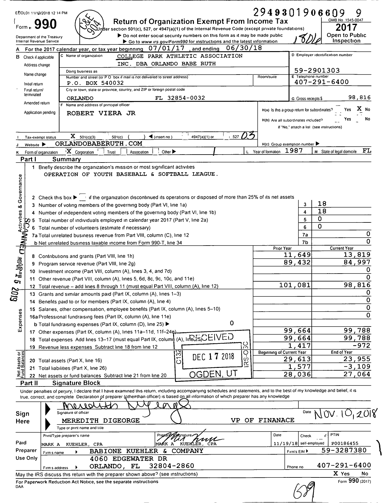 Image of first page of 2017 Form 990 for College Park Athletic Association College Park Little League