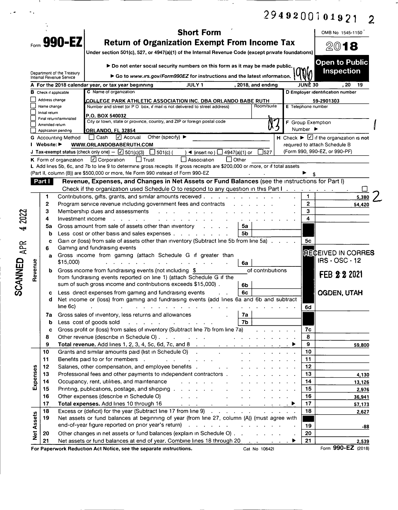 Image of first page of 2018 Form 990EZ for College Park Athletic Association College Park Little League