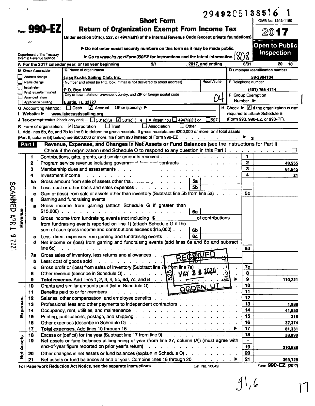 Image of first page of 2017 Form 990EO for Lake Eustis Sailing Club