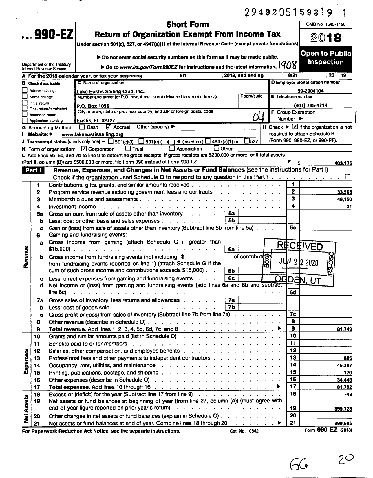 Image of first page of 2018 Form 990EO for Lake Eustis Sailing Club