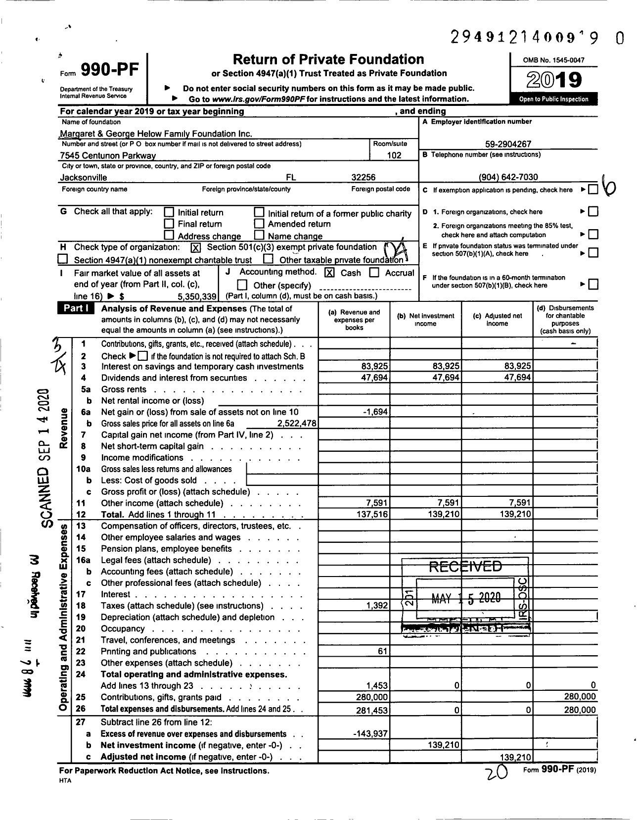 Image of first page of 2019 Form 990PR for Margaret and George Helow Family Foundation