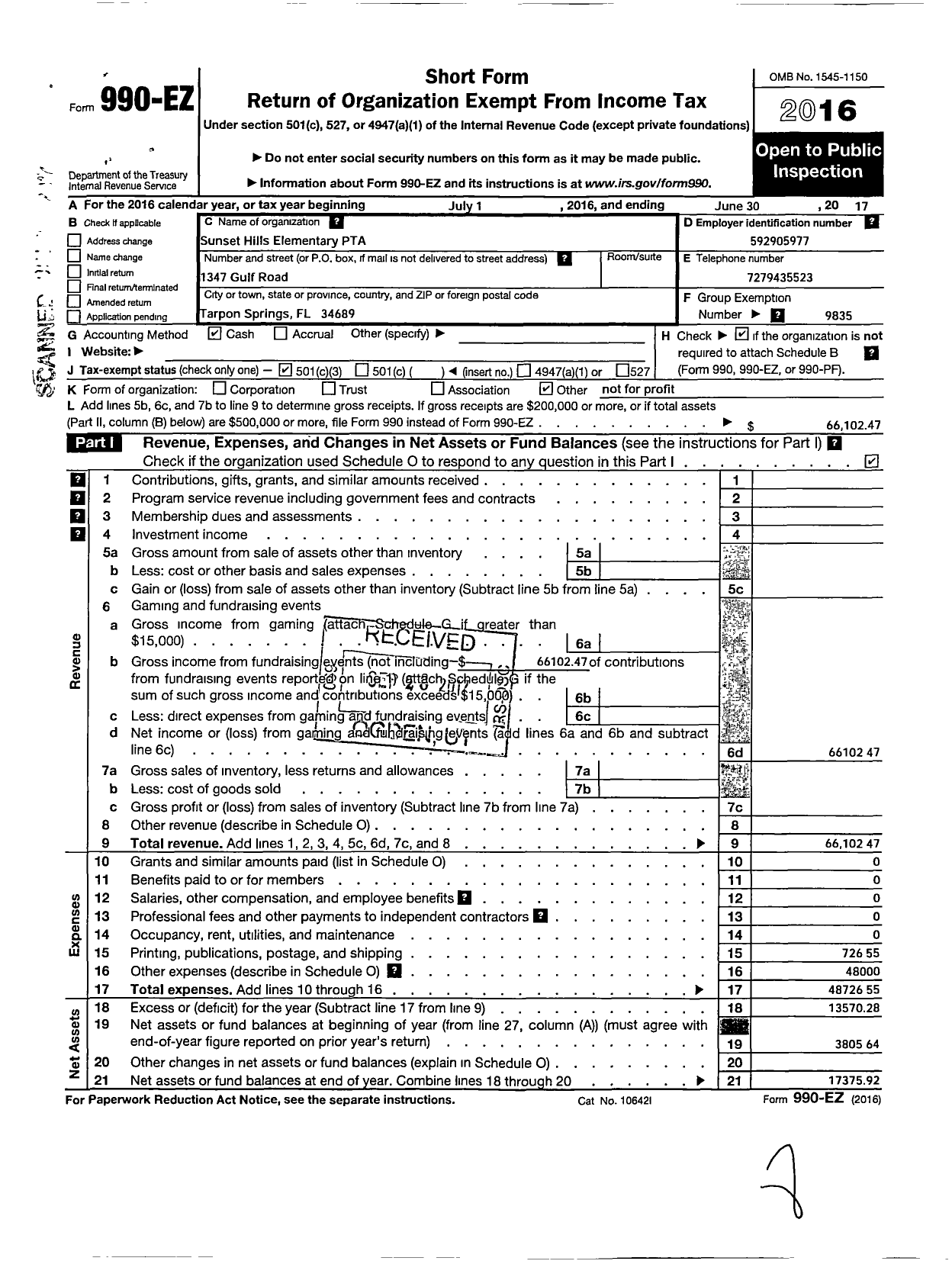 Image of first page of 2016 Form 990EZ for PTA Florida Congress - Sunset Hills Elem PTA