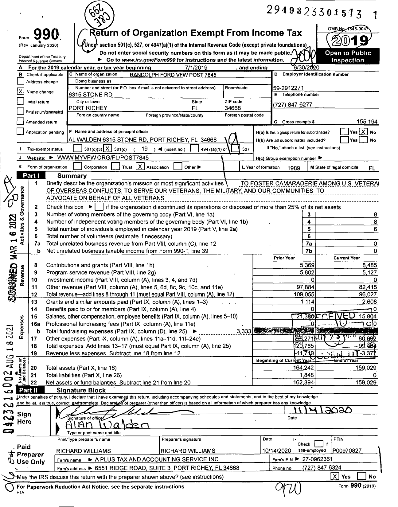 Image of first page of 2019 Form 990O for VFW Department of Florida - Randolph Ford VFW Post 7845