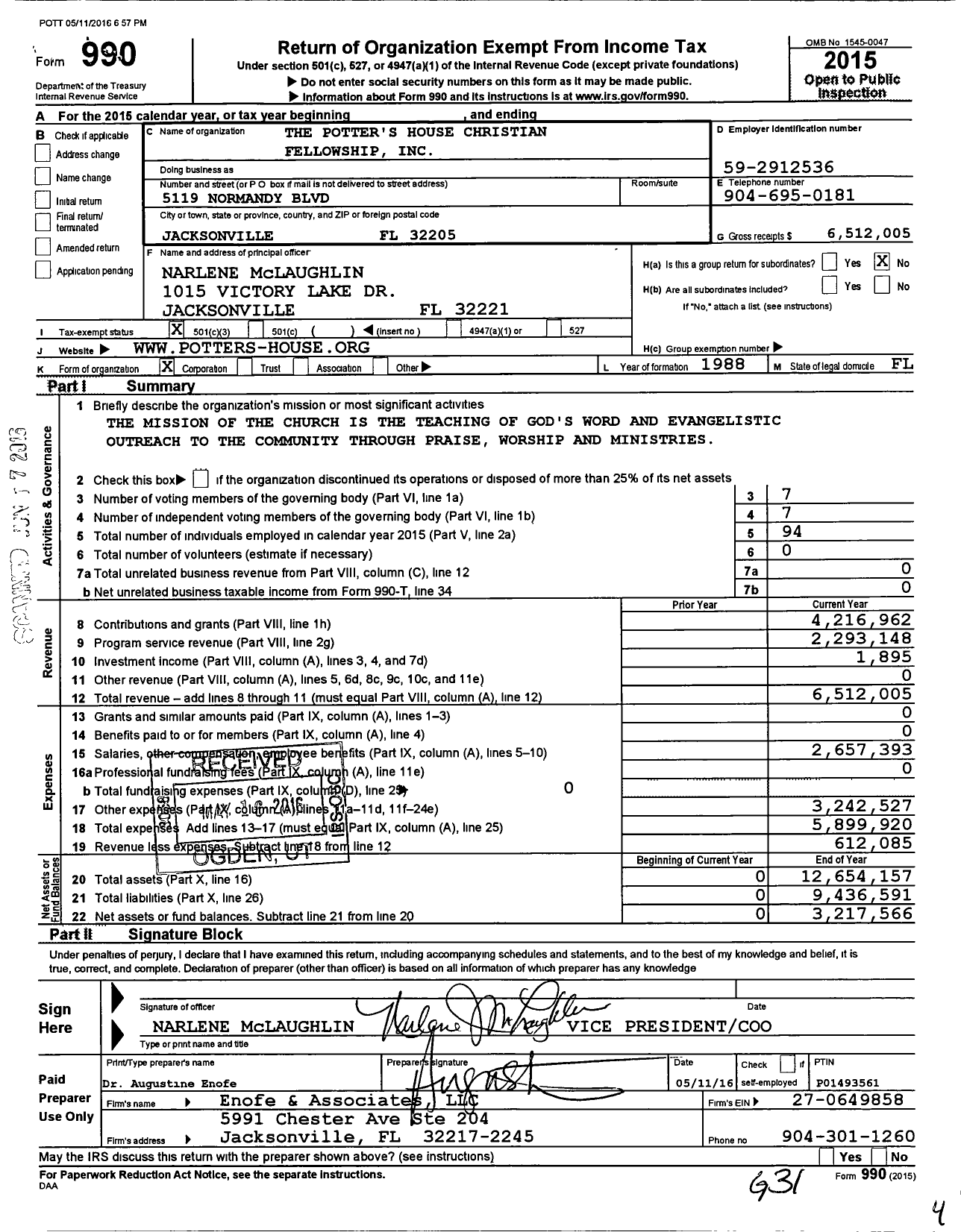 Image of first page of 2015 Form 990 for The Potter's House International Ministries (TPHIM)