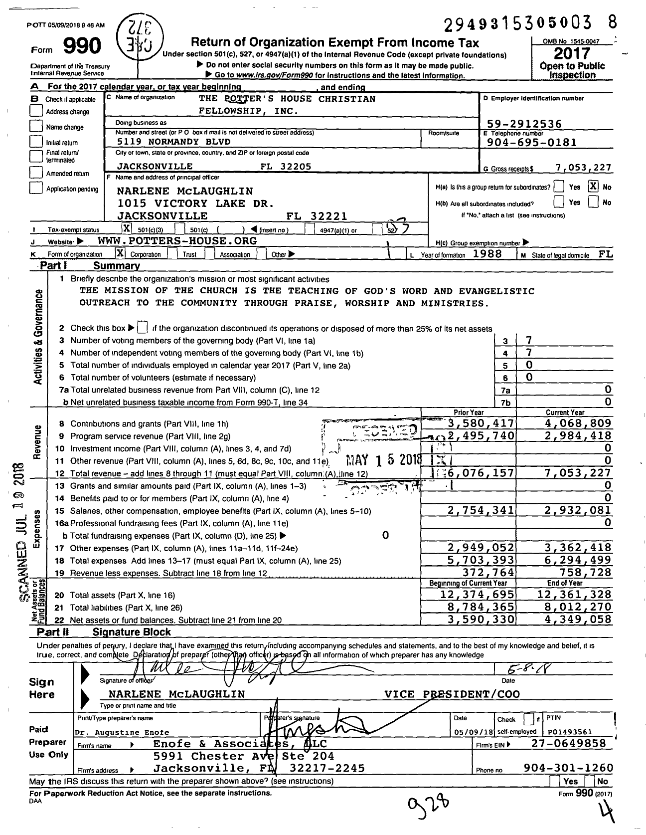 Image of first page of 2017 Form 990 for The Potter's House International Ministries (TPHIM)