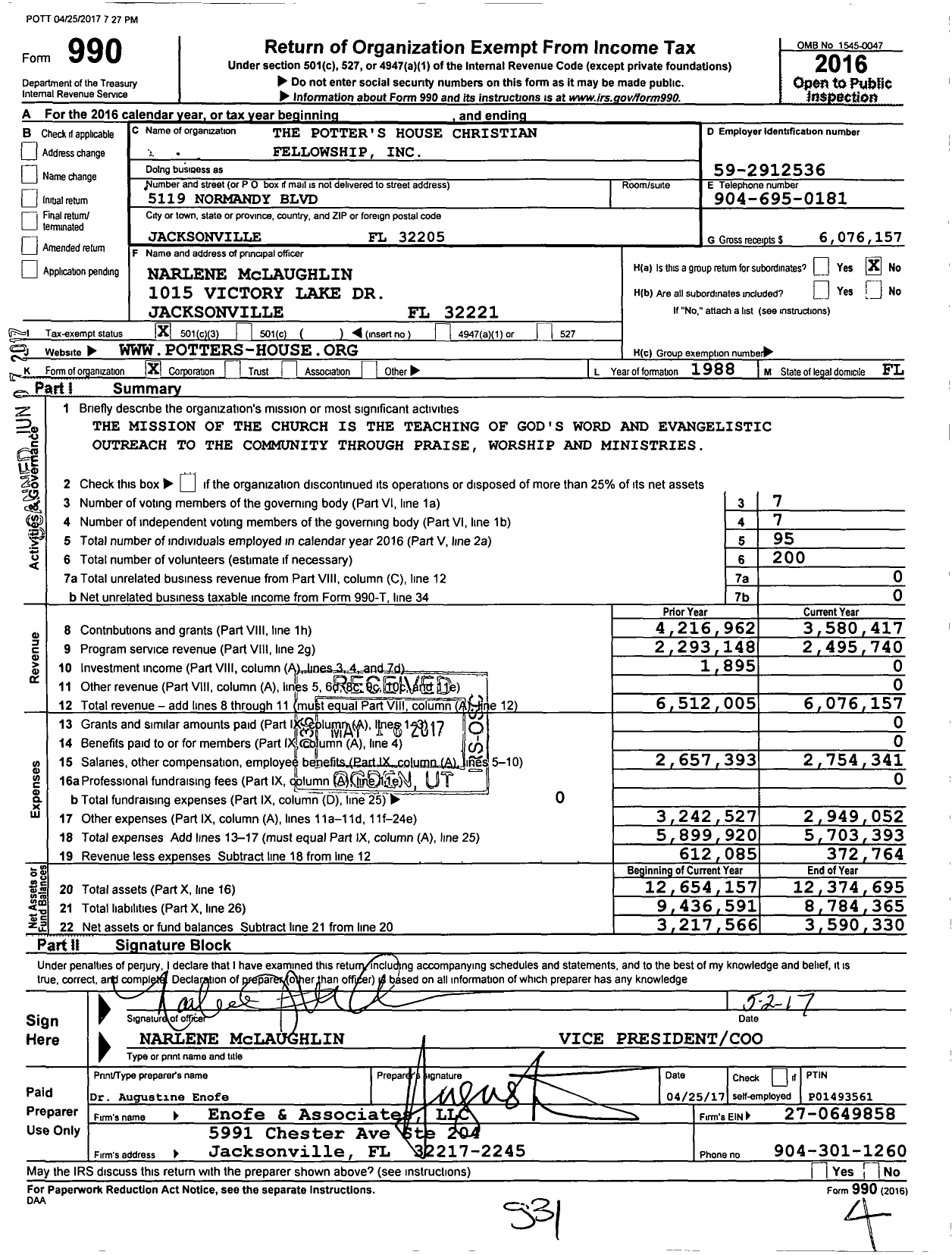 Image of first page of 2016 Form 990 for The Potter's House International Ministries (TPHIM)