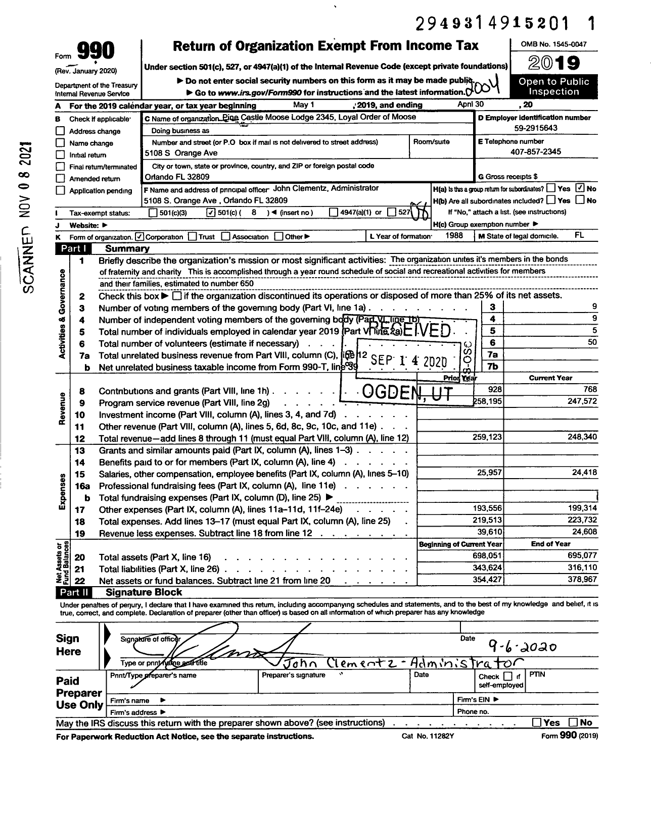 Image of first page of 2019 Form 990O for Loyal Order of Moose - 2345