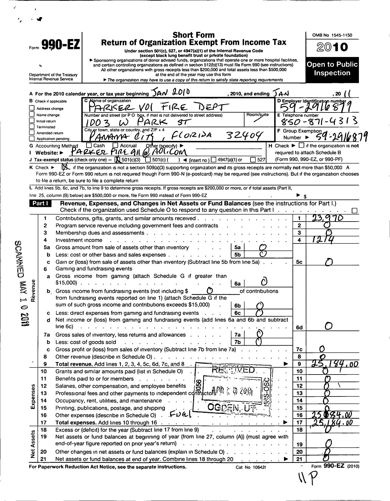 Image of first page of 2010 Form 990EZ for Parker Volunteer Fire Department