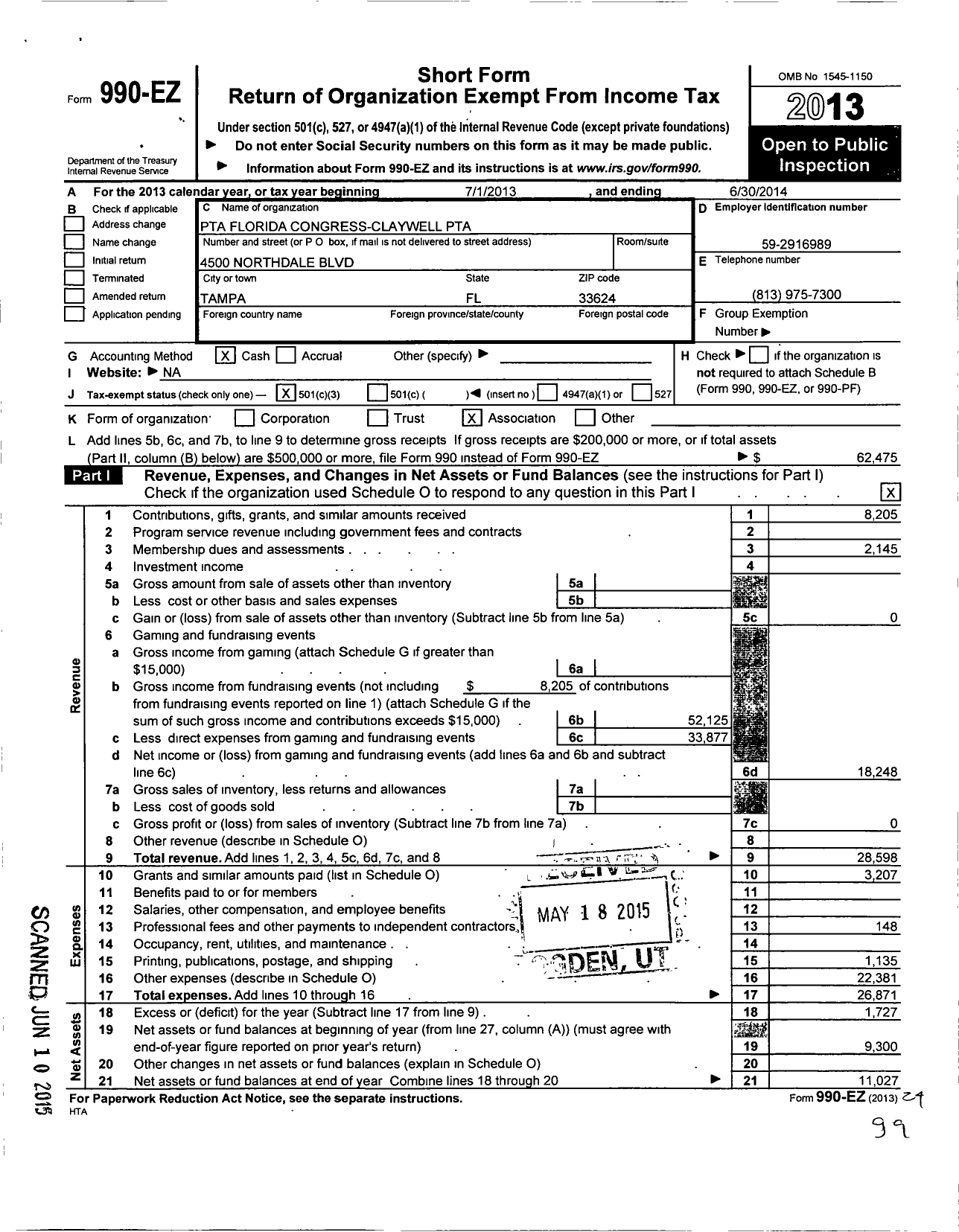 Image of first page of 2013 Form 990EZ for PTA Florida Congress - Claywell PTA