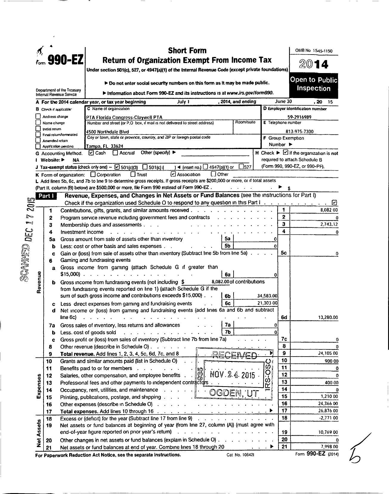 Image of first page of 2014 Form 990EZ for PTA Florida Congress - Claywell PTA