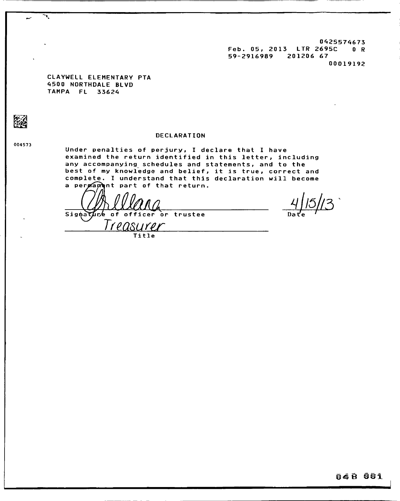 Image of first page of 2011 Form 990ER for PTA Florida Congress - Claywell PTA